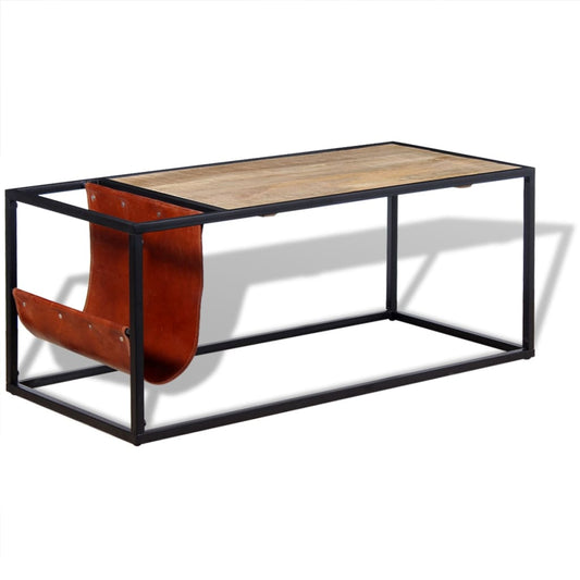 Coffee Table with Genuine Leather Magazine Holder