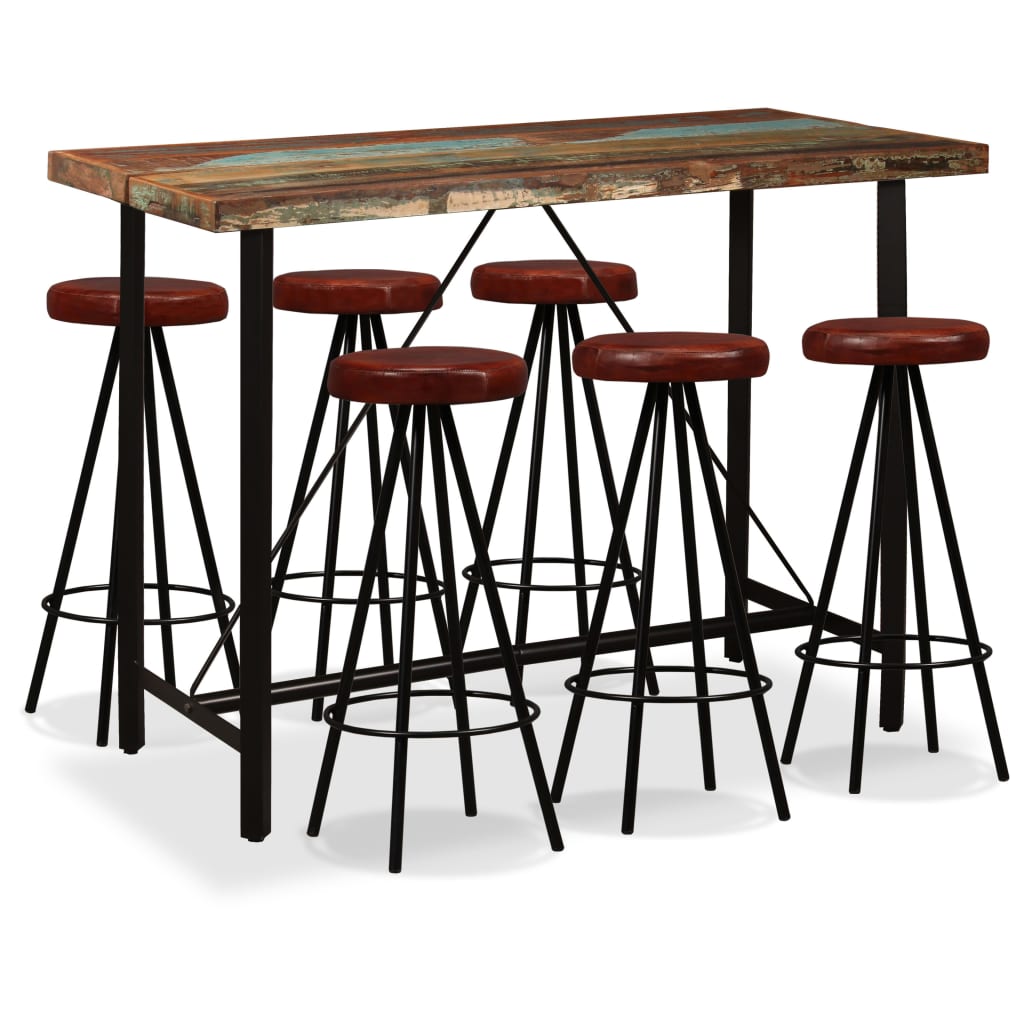 Bar Set 7 Pieces Solid Reclaimed Wood and Genuine Leather