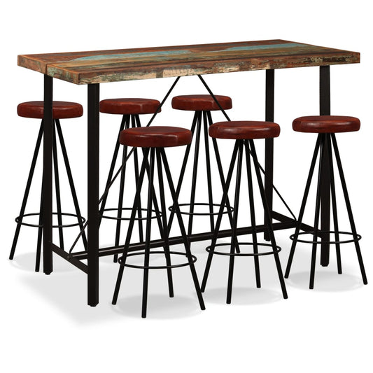 Bar Set 7 Pieces Solid Reclaimed Wood and Genuine Leather