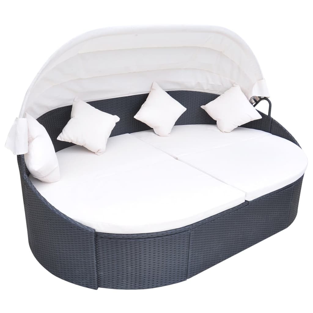Patio Lounge Bed with Canopy Poly Rattan Black