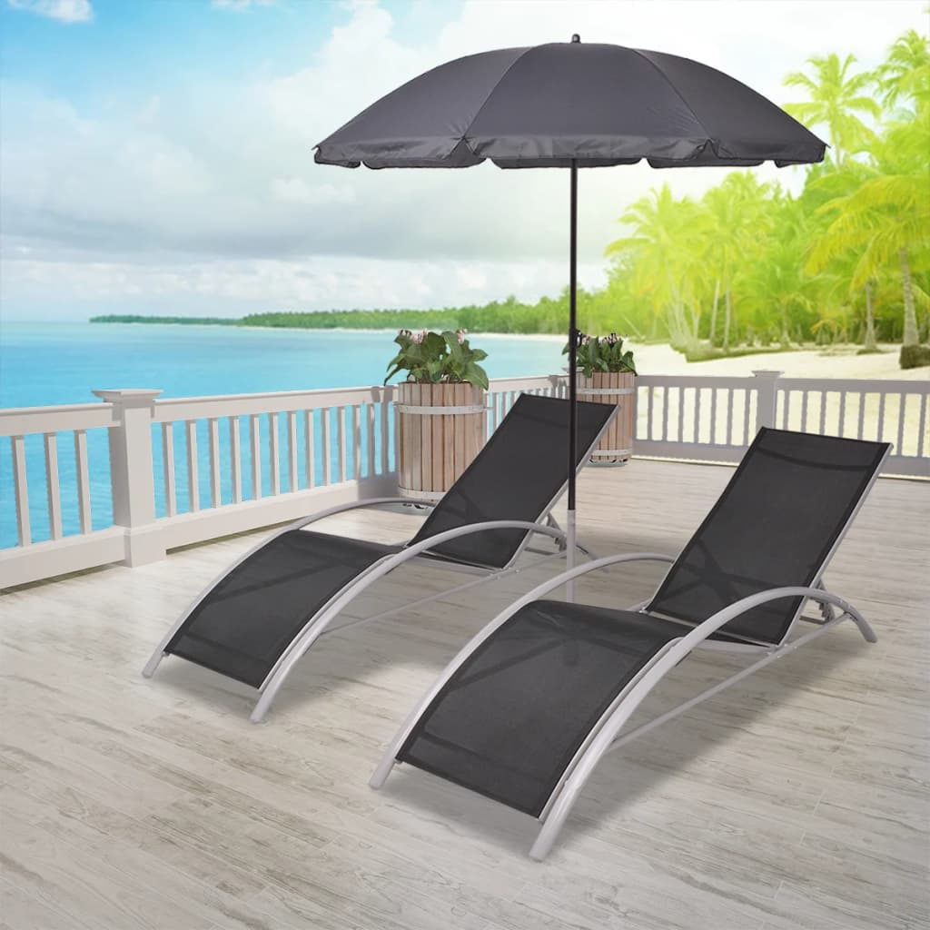 Sun Loungers with Umbrella Aluminum Black
