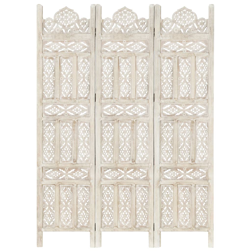 Hand carved 3-Panel Room Divider White 47.2"x65" Solid Mango Wood
