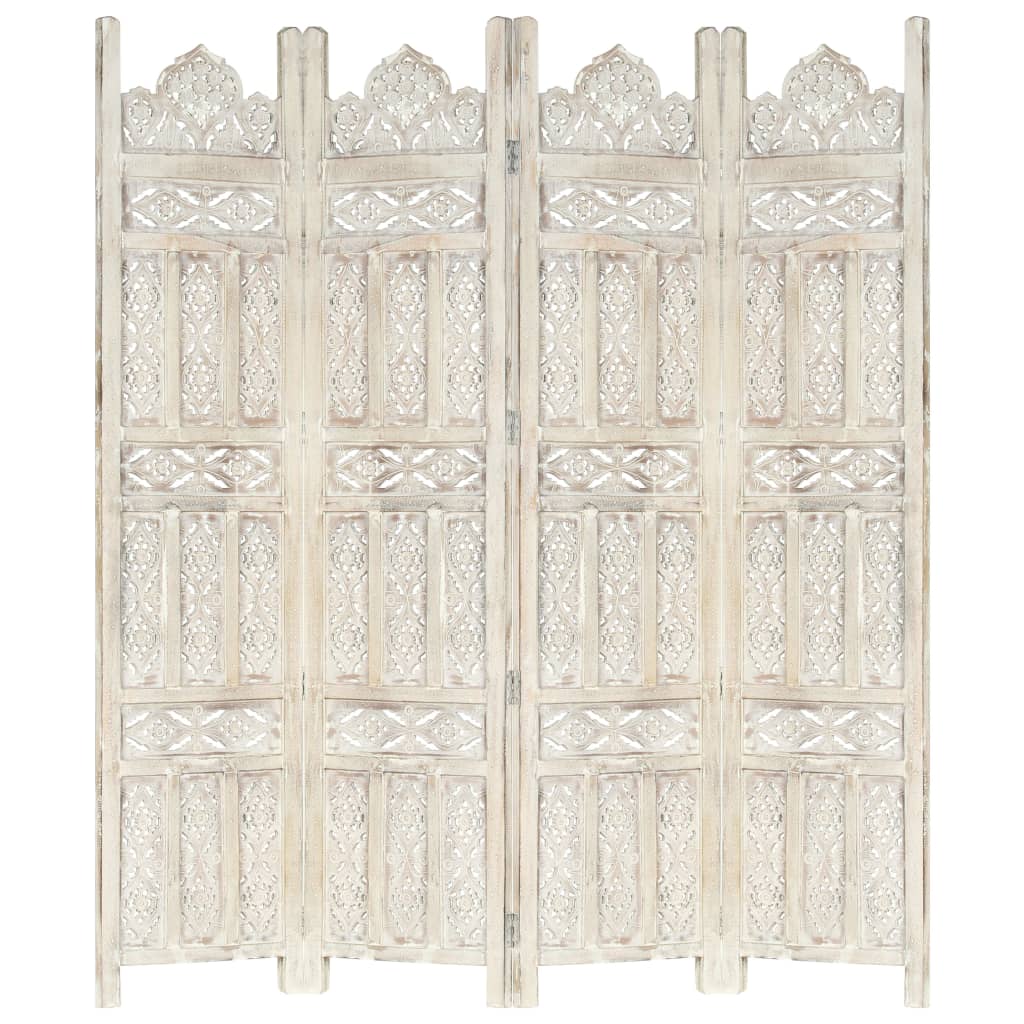 Hand carved 4-Panel Room Divider White 63"x65" Solid Mango Wood