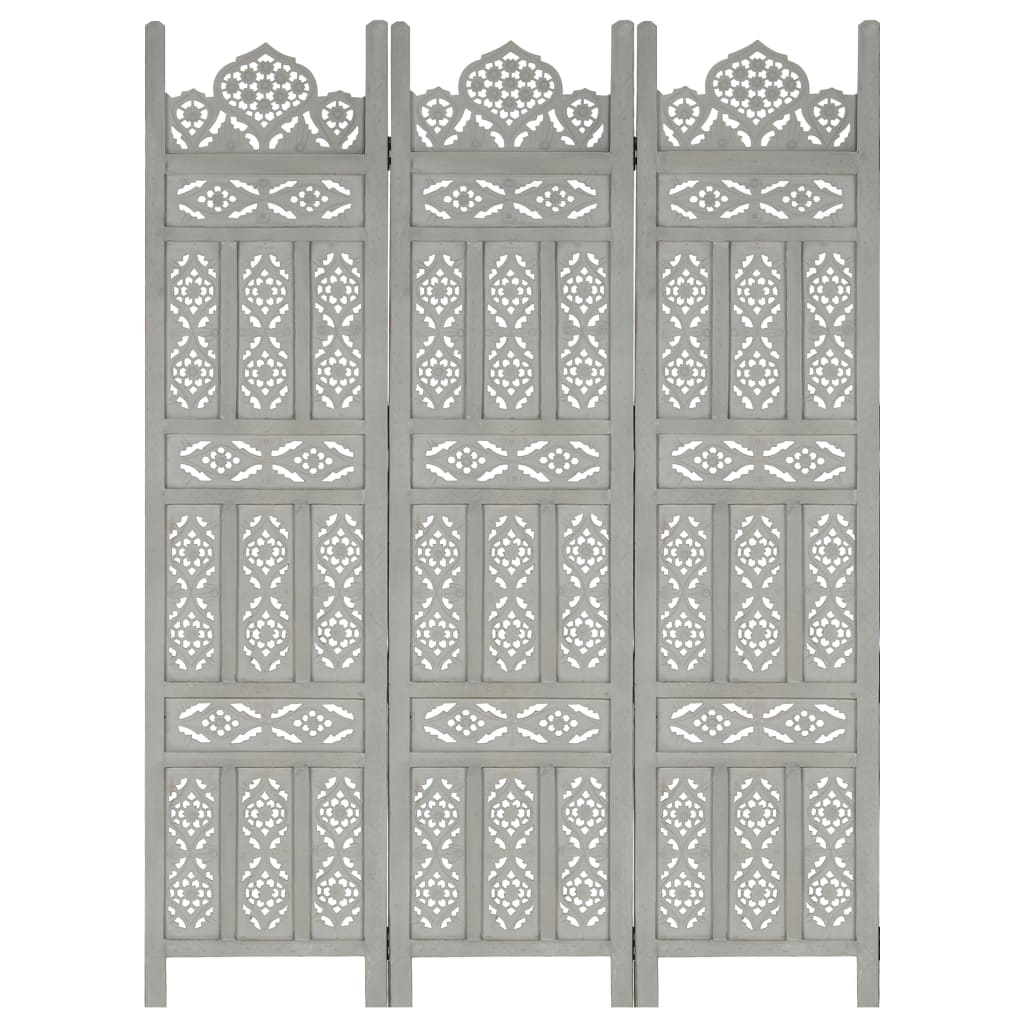 Hand carved 3-Panel Room Divider Gray 47.2"x65" Solid Mango Wood