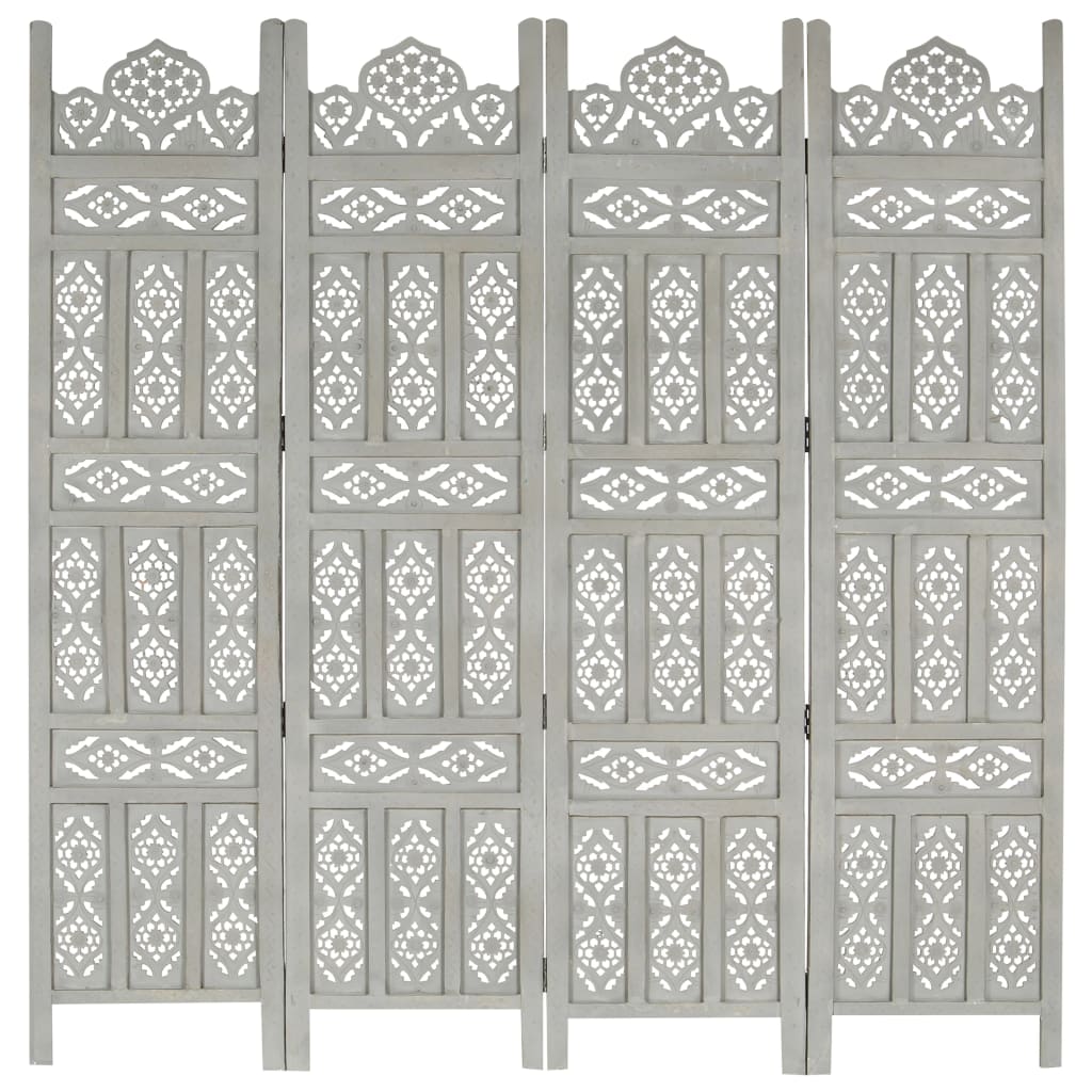 Hand carved 4-Panel Room Divider Gray 63"x65" Solid Mango Wood