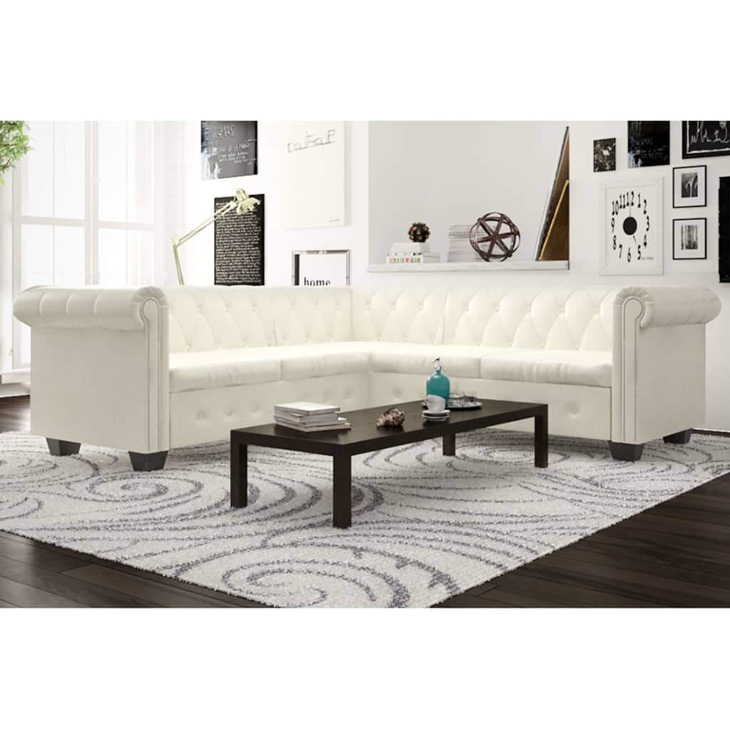 Chesterfield Corner Sofa 5-Seater White Faux Leather
