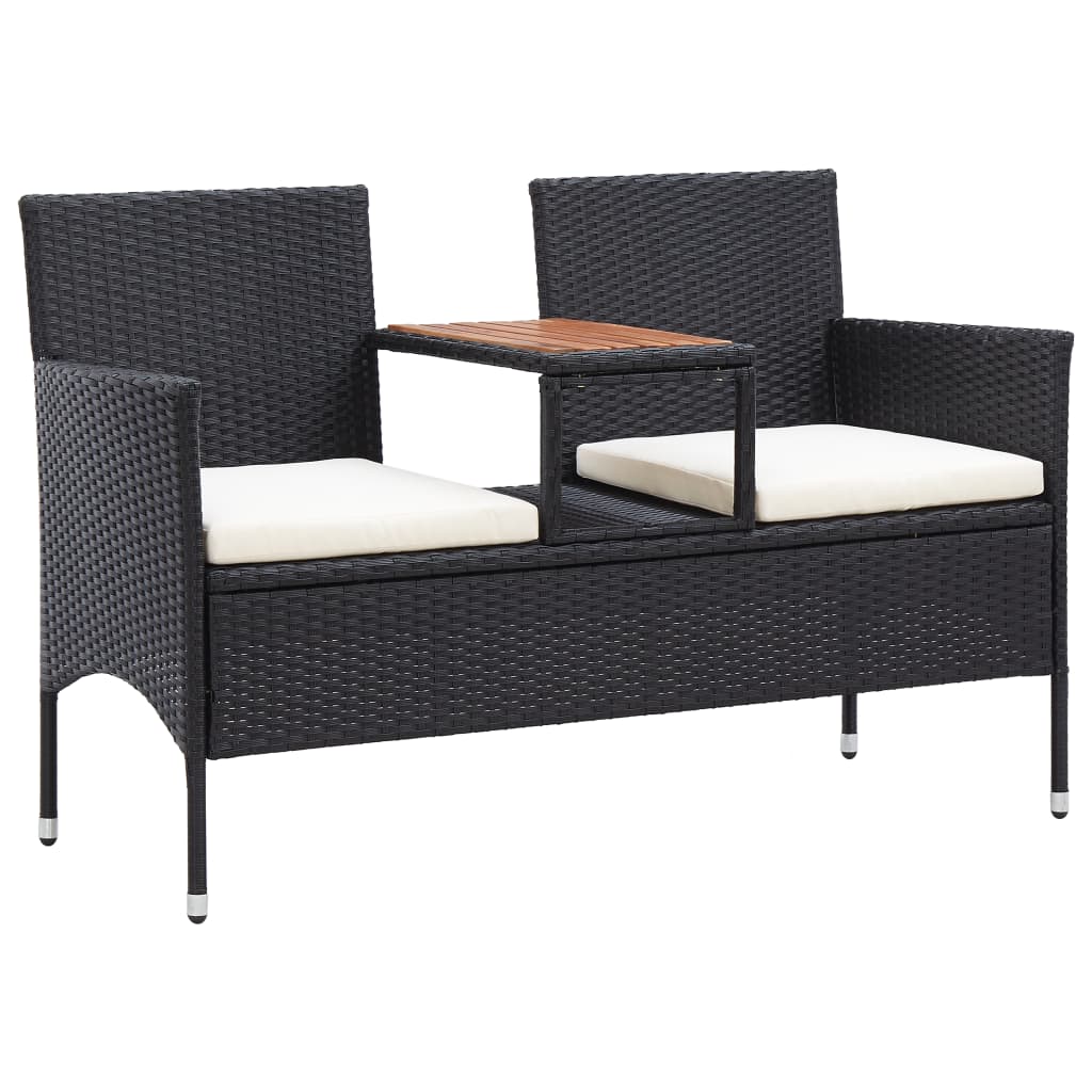 2-Seater Patio Bench with Tea Table 56.3" Poly Rattan Black