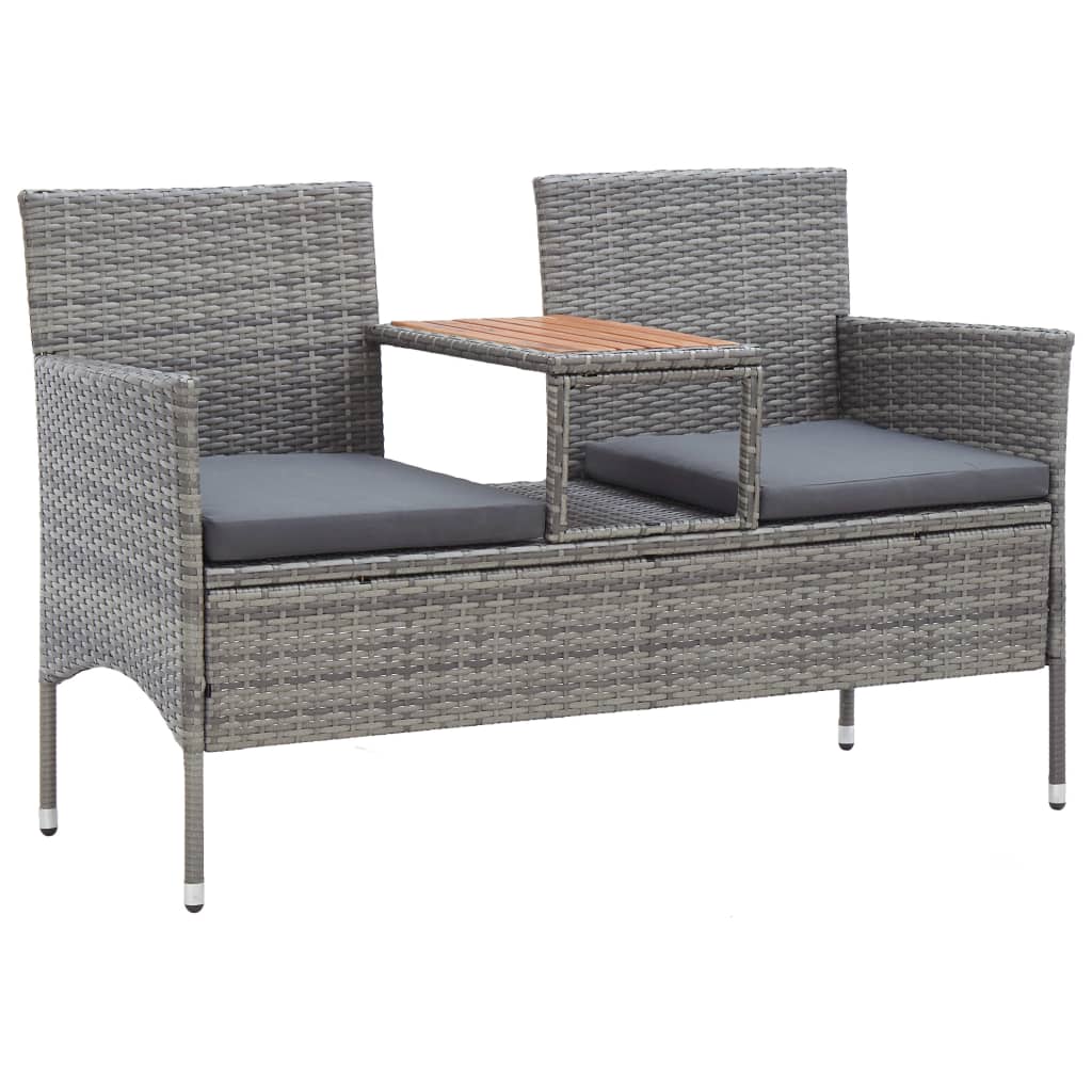 2-Seater Patio Bench with Tea Table 56.3" Poly Rattan Gray