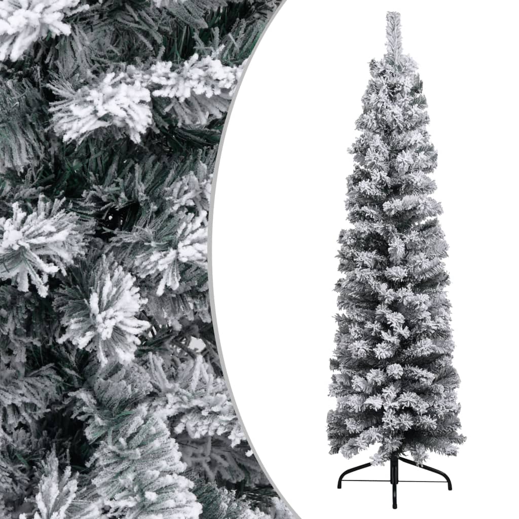 Slim Artificial Christmas Tree with Flocked Snow Green 5 ft PVC