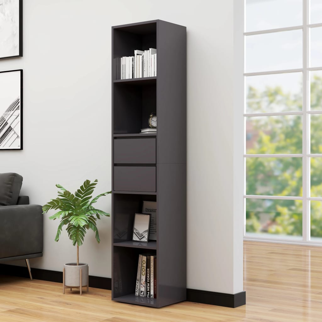 Book Cabinet High Gloss Gray 14.2"x11.8"x67.3" Engineered Wood