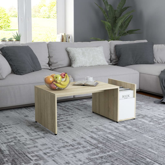 Coffee Table White and Sonoma Oak 35.4"x17.7"x13.8" Engineered Wood