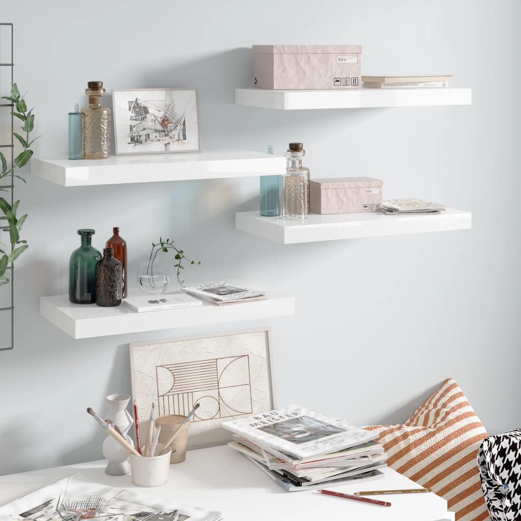 Floating Wall Shelves 4 pcs High Gloss White 19.7"x9.1"x1.5" MDF