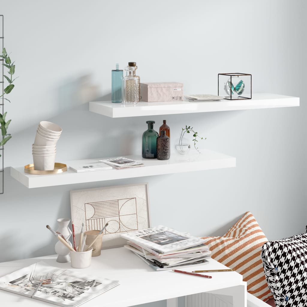 Floating Wall Shelves 2 pcs High Gloss White 35.4"x9.3"x1.5" MDF
