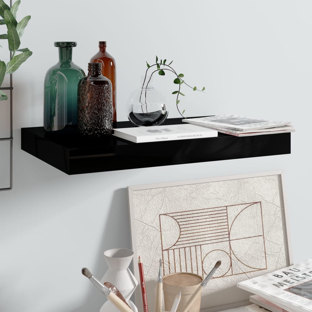 Floating Wall Shelf High Gloss Black 15.7"x9.1"x1.5" MDF