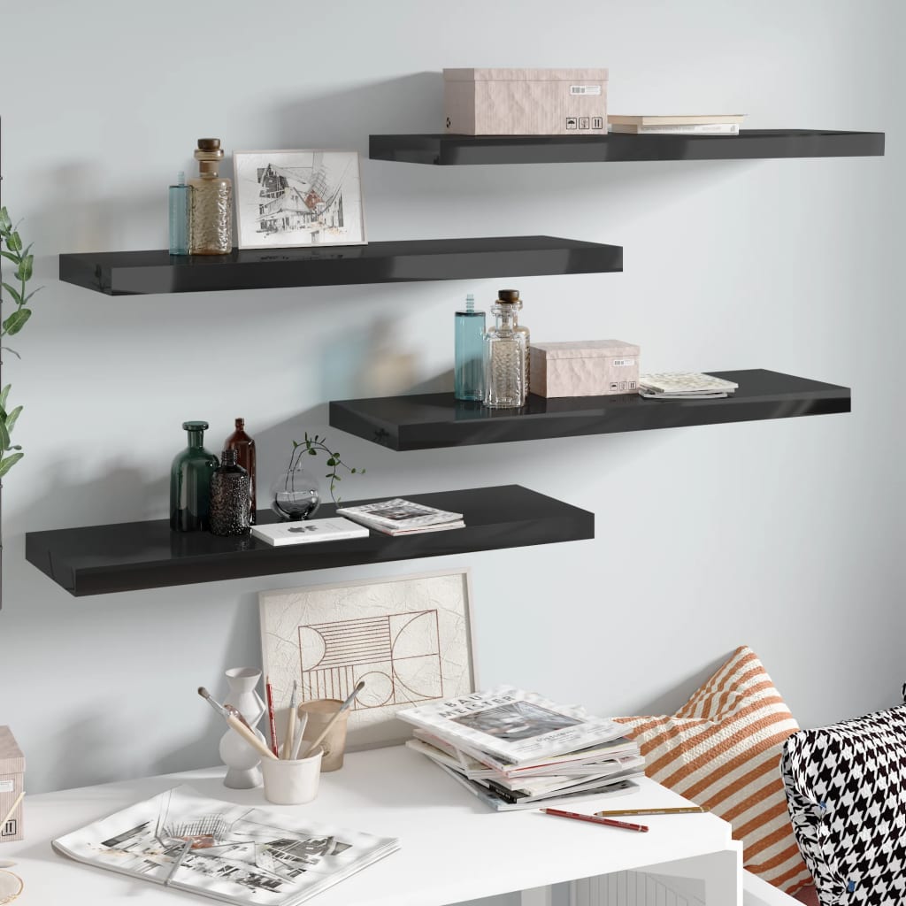 Floating Wall Shelves 4 pcs High Gloss Black 31.5"x9.3"x1.5" MDF