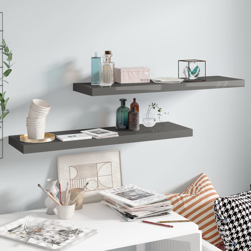 Floating Wall Shelves 2 pcs High Gloss Gray 35.4"x9.3"x1.5" MDF