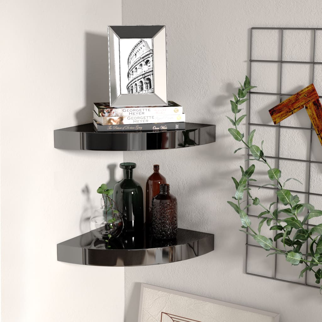 Floating Corner Shelves 2 pcs High Gloss Black 9.8"x9.8"x1.5" MDF