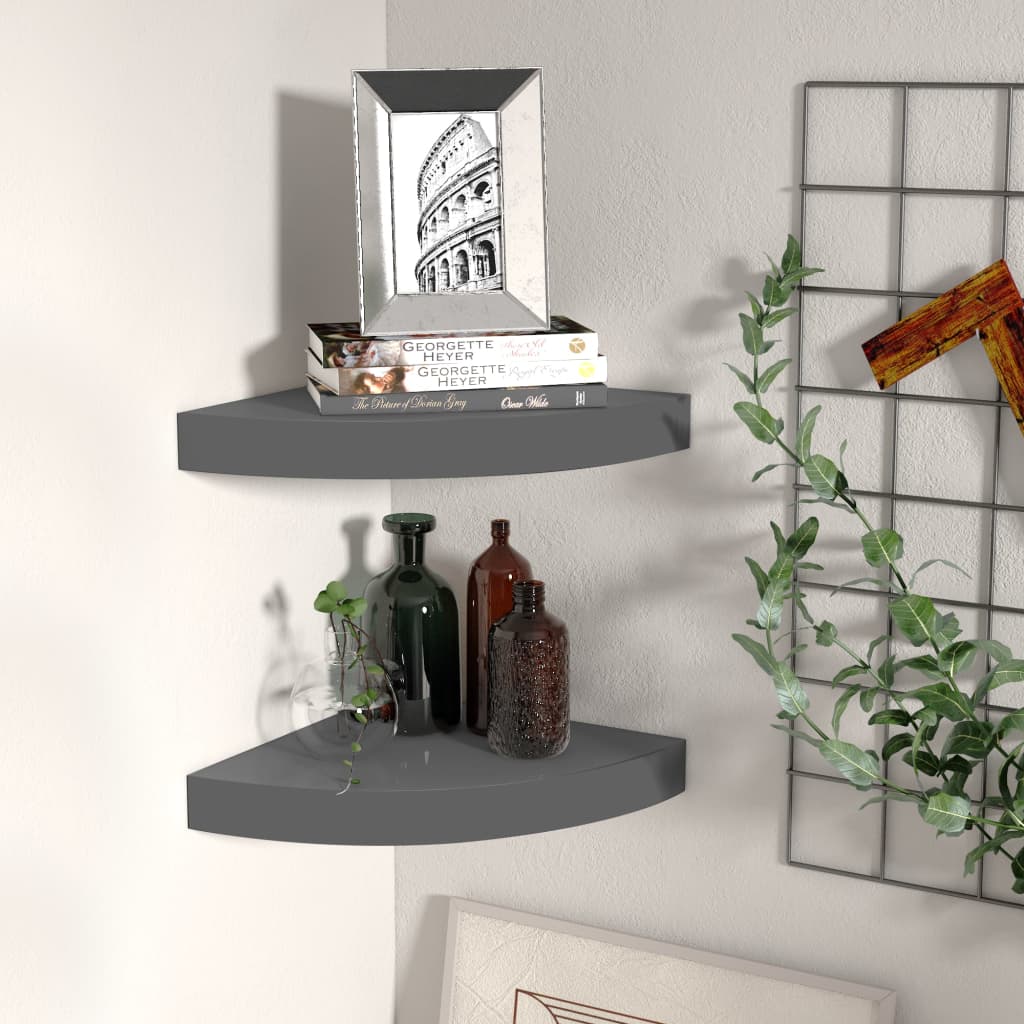 Floating Corner Shelves 2 pcs High Gloss Gray 9.8"x9.8"x1.5" MDF