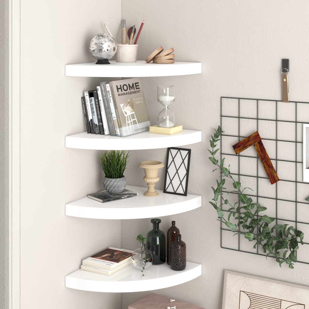 Floating Corner Shelves 4 pcs High Gloss White 13.8"x13.8"x1.5" MDF