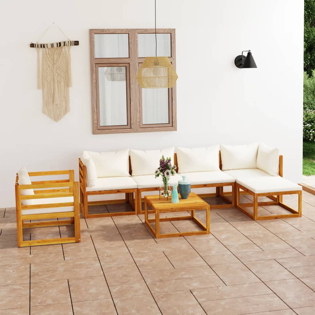 7 Piece Patio Lounge Set with Cushion Cream Solid Acacia Wood