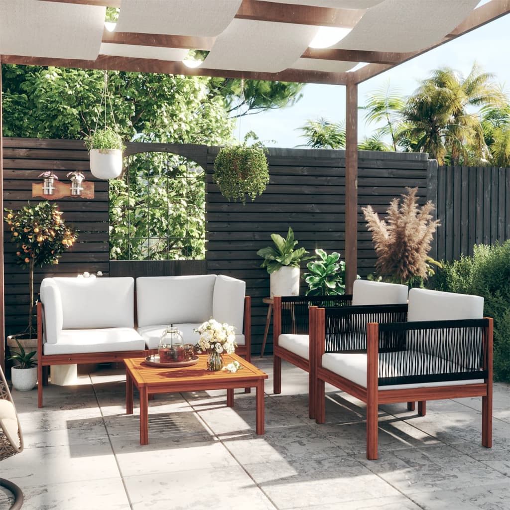 5 Piece Patio Lounge Set with Cushions Cream Solid Acacia Wood