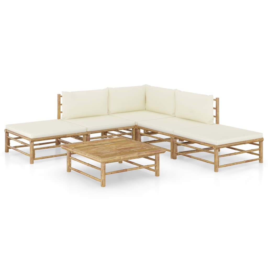 6 Piece Patio Lounge Set with Cream White Cushions Bamboo