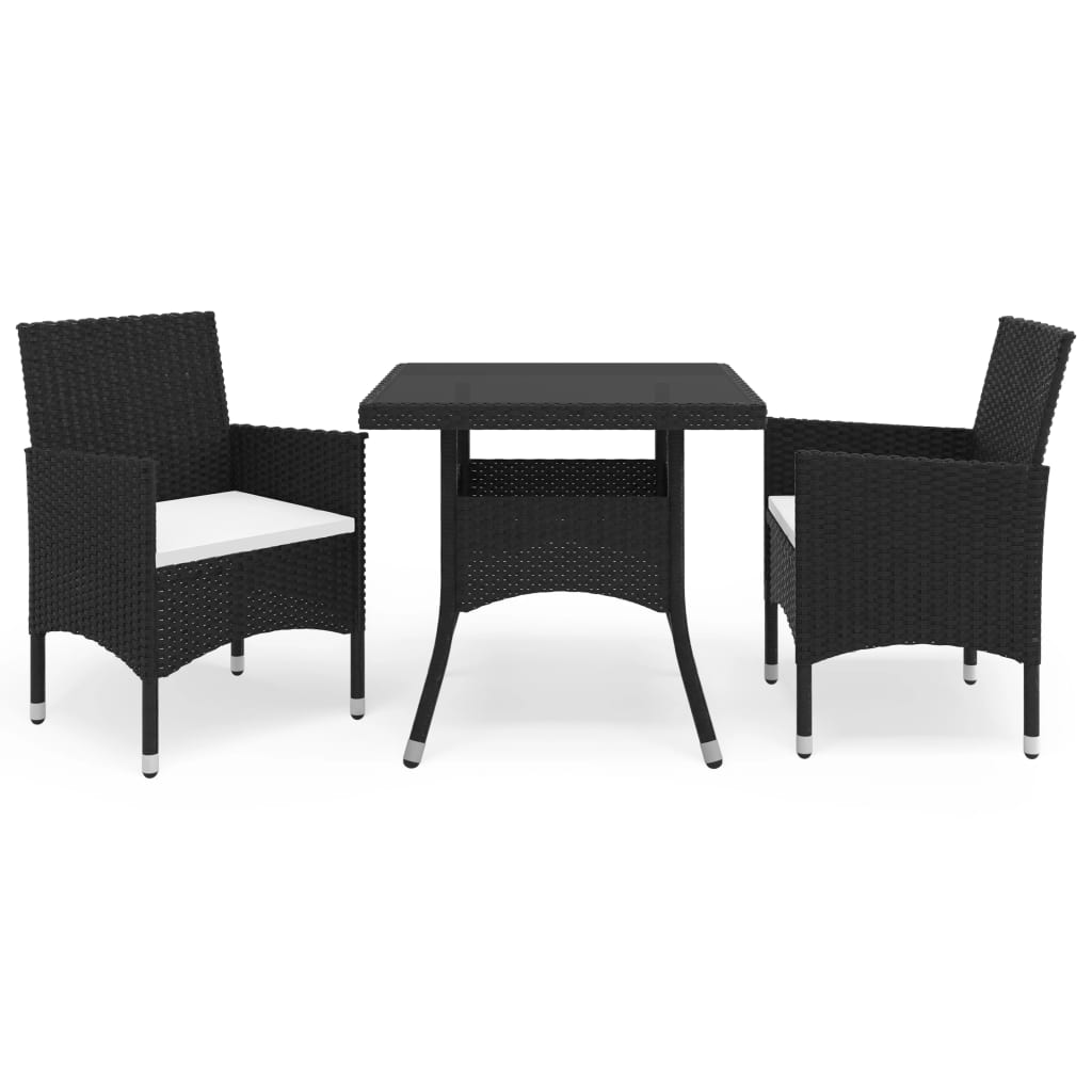 3 Piece Patio Dining Set Black Poly Rattan and Glass