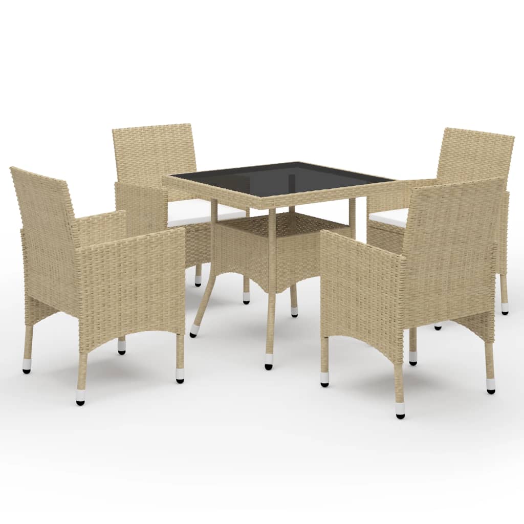 5 Piece Patio Dining Set Poly Rattan and Glass Beige