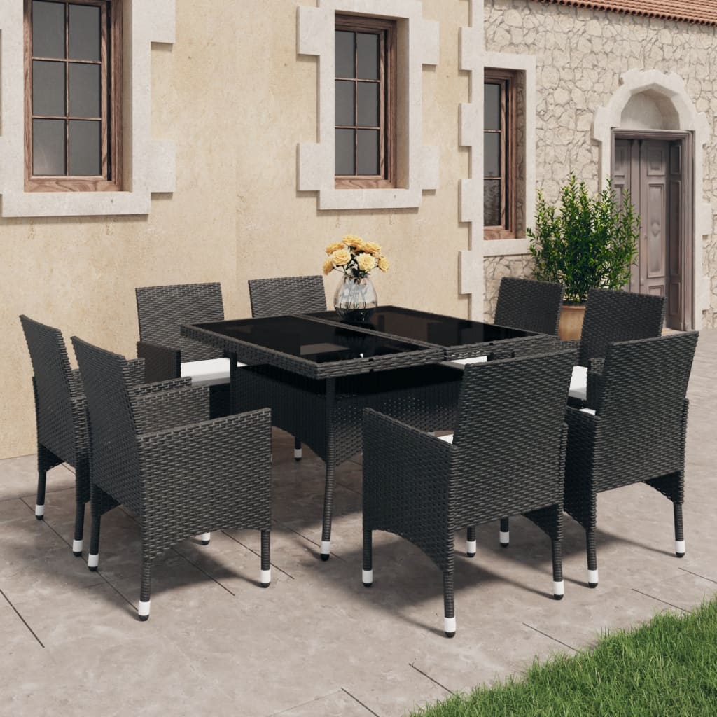 9 Piece Patio Dining Set Poly Rattan and Glass Black