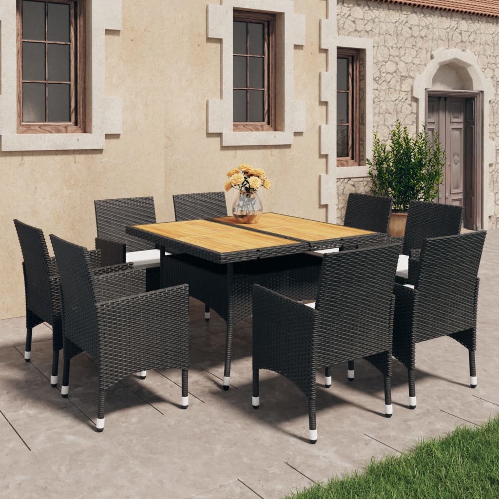 9 Piece Patio Dining Set Poly Rattan and Acacia Wood Black