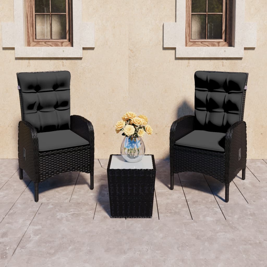 3 Piece Patio Bistro Set Poly Rattan and Glass Black