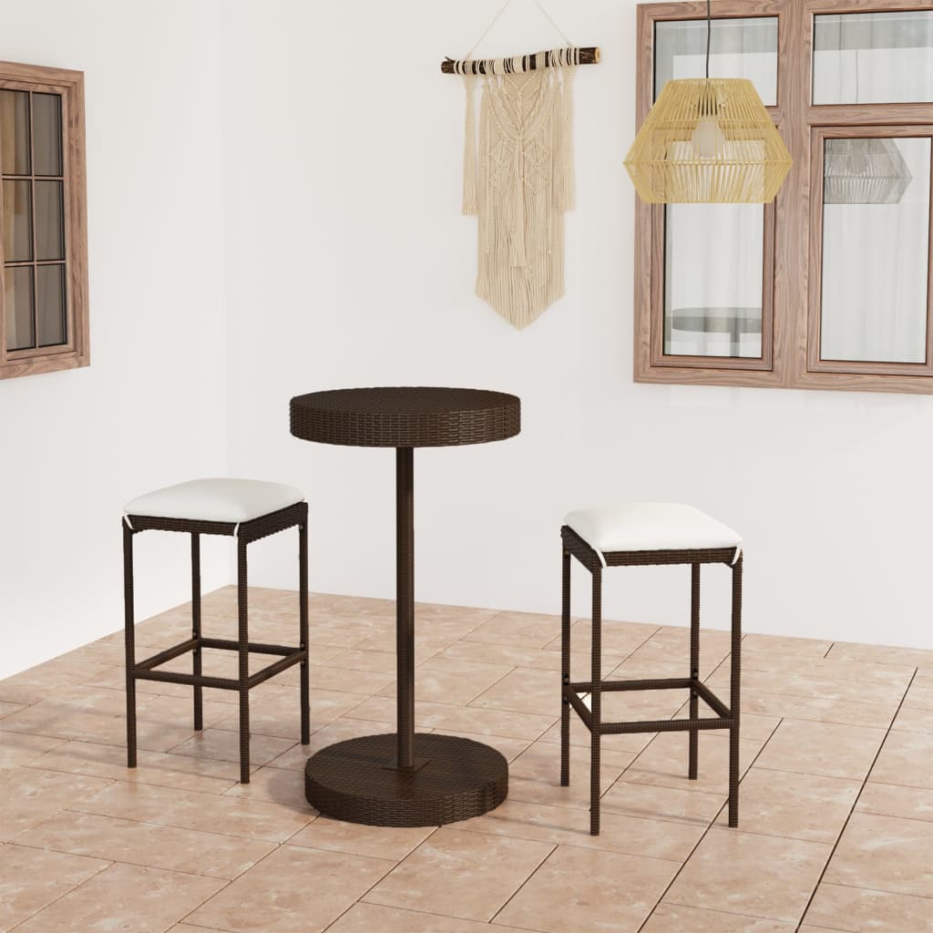 3 Piece Patio Bar Set with Cushions Poly Rattan Brown