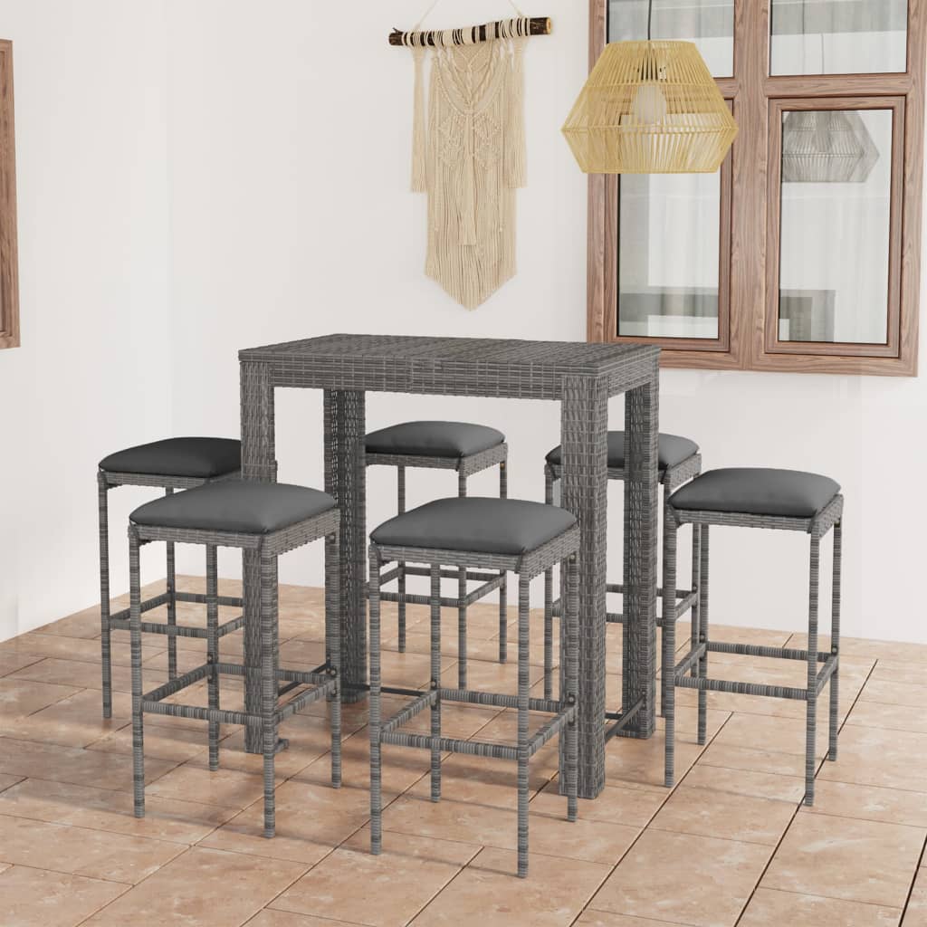 7 Piece Patio Bar Set with Cushions Poly Rattan Gray