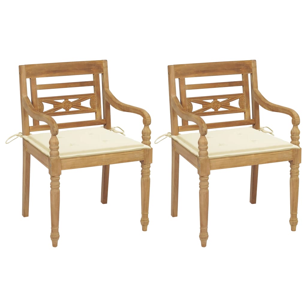 Batavia Chairs 2 pcs with Cream Cushions Solid Teak Wood