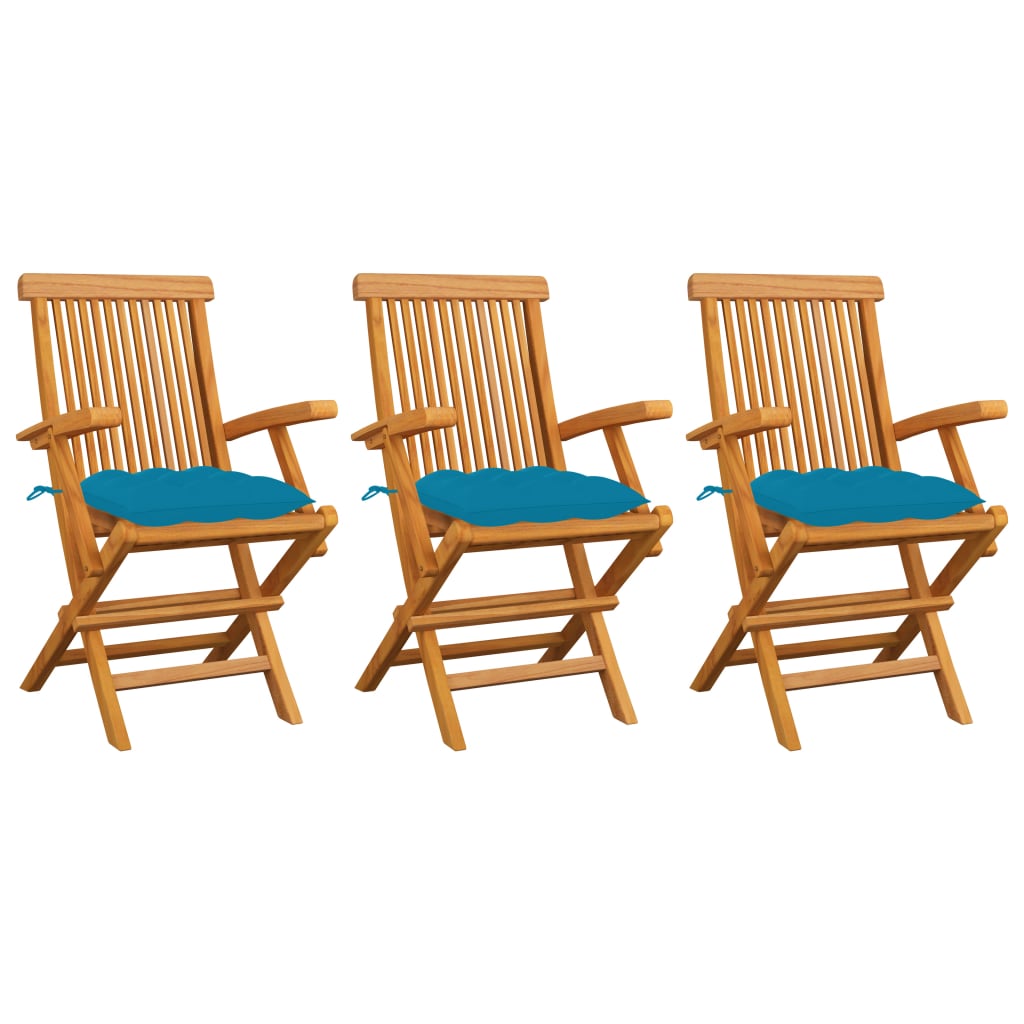 Patio Chairs with Light Blue Cushions 3 pcs Solid Teak Wood