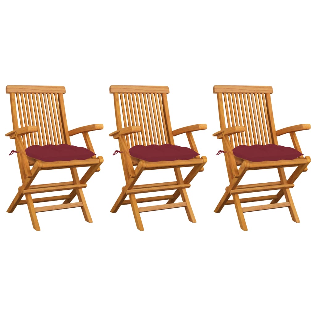 Patio Chairs with Wine Red Cushions 3 pcs Solid Teak Wood
