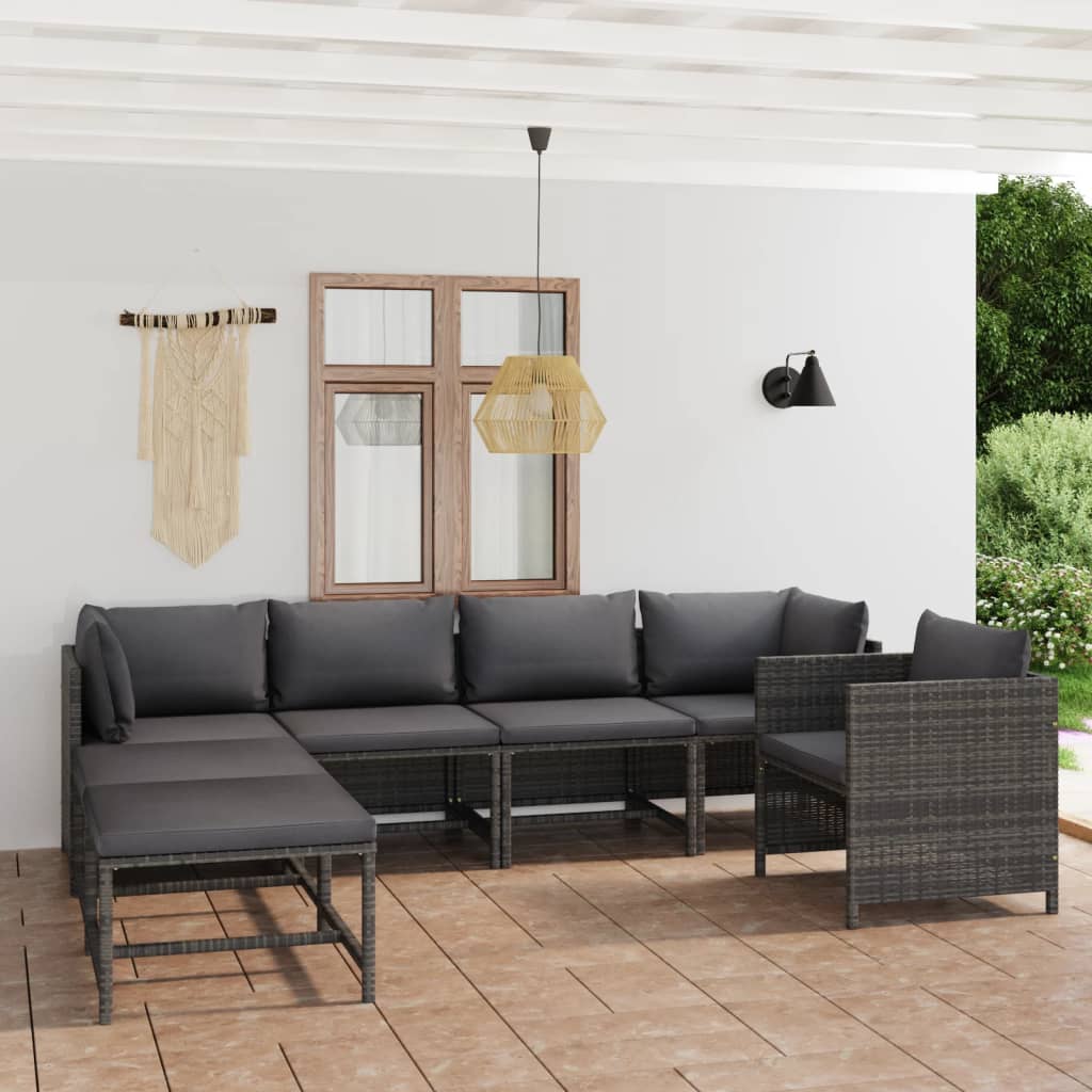 7 Piece Patio Lounge Set with Cushions Poly Rattan Gray