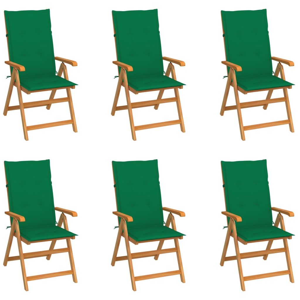 Patio Chairs 6 pcs with Green Cushions Solid Teak Wood