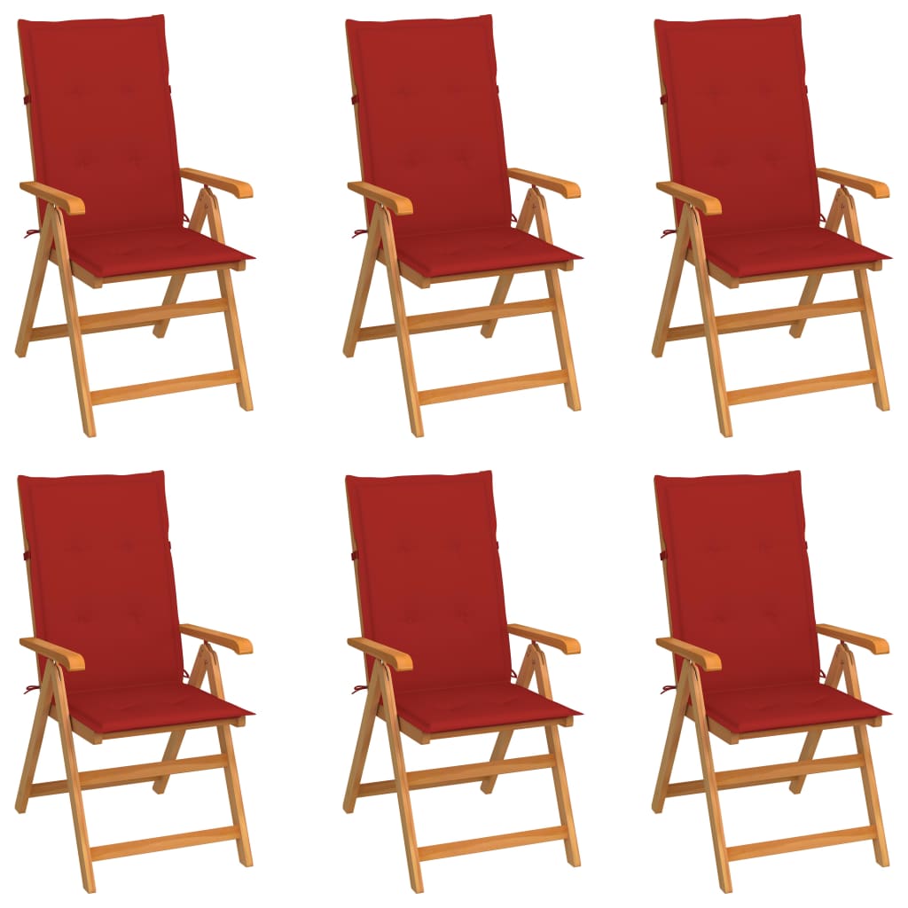 Patio Chairs 6 pcs with Red Cushions Solid Teak Wood