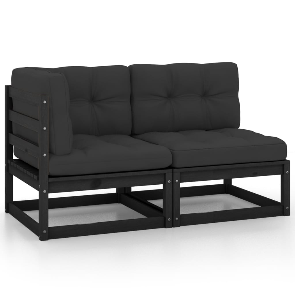 2 Piece Patio Lounge Set with Cushions Black Solid Pinewood