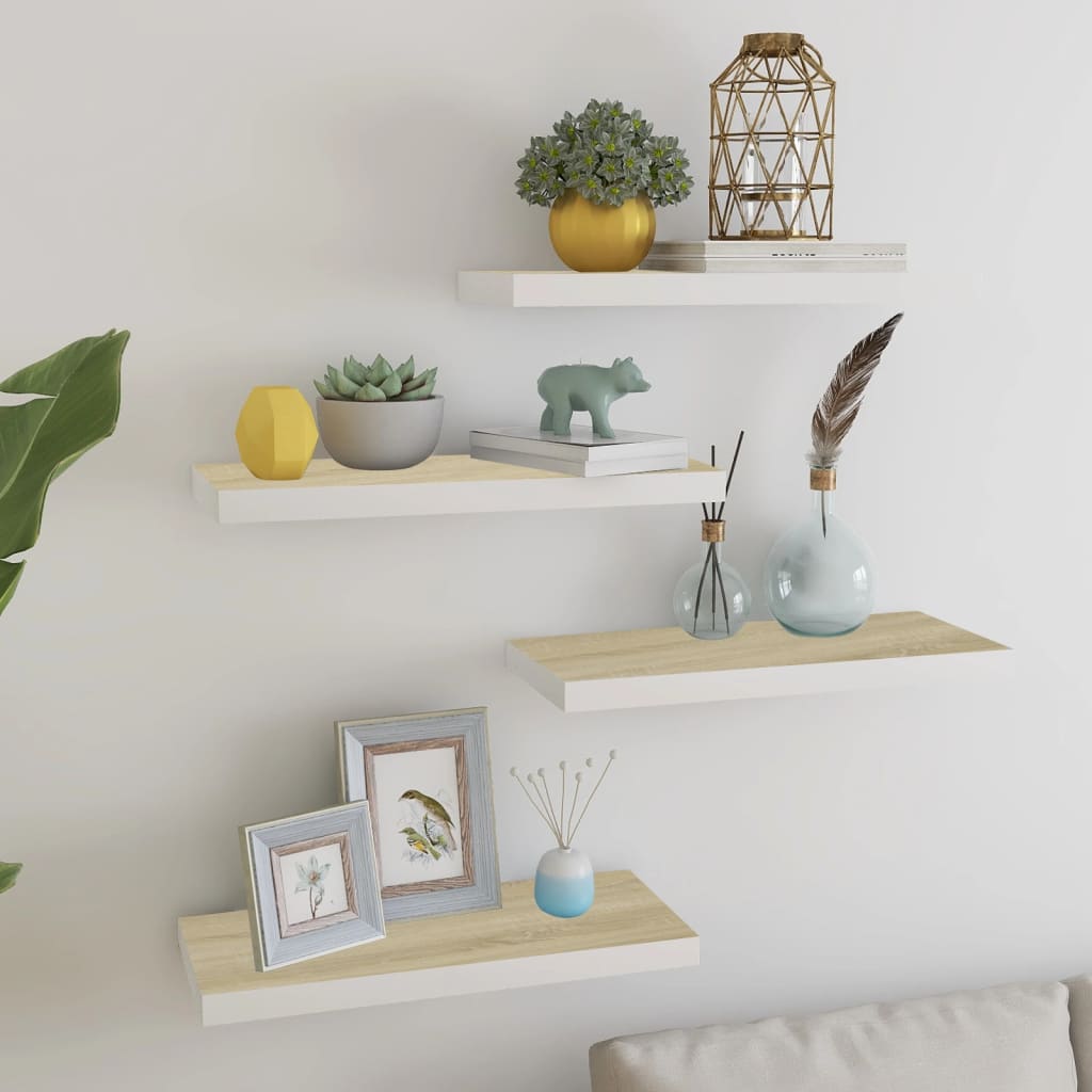 Floating Wall Shelves 4 pcs Oak and White 23.6"x9.3"x1.5" MDF