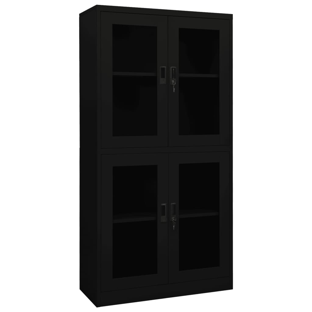 Office Cabinet Black 35.4"x15.7"x70.9" Steel and Tempered Glass
