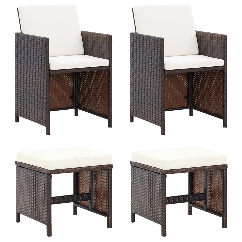 4 Piece Patio Chair and Stool Set Poly Rattan Brown