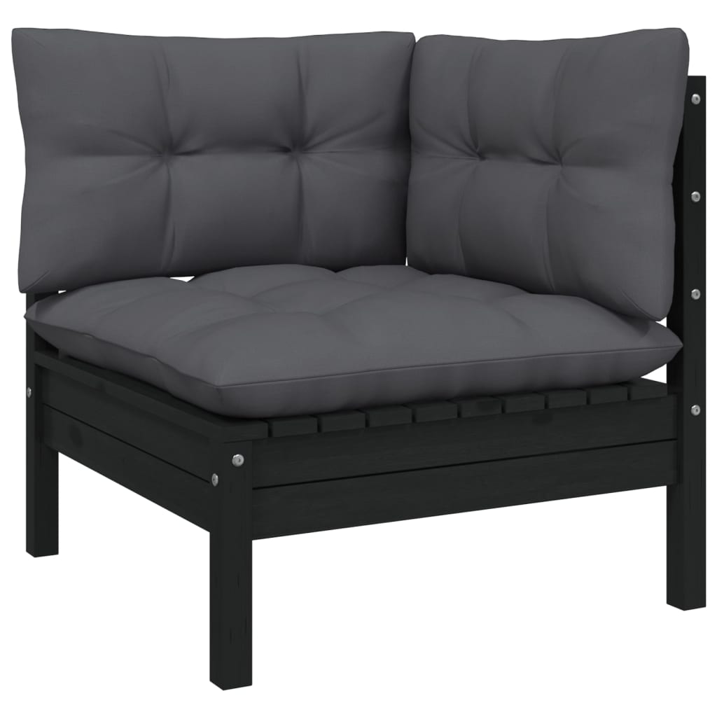 Patio Corner Sofa with Cushions Black Solid Pinewood