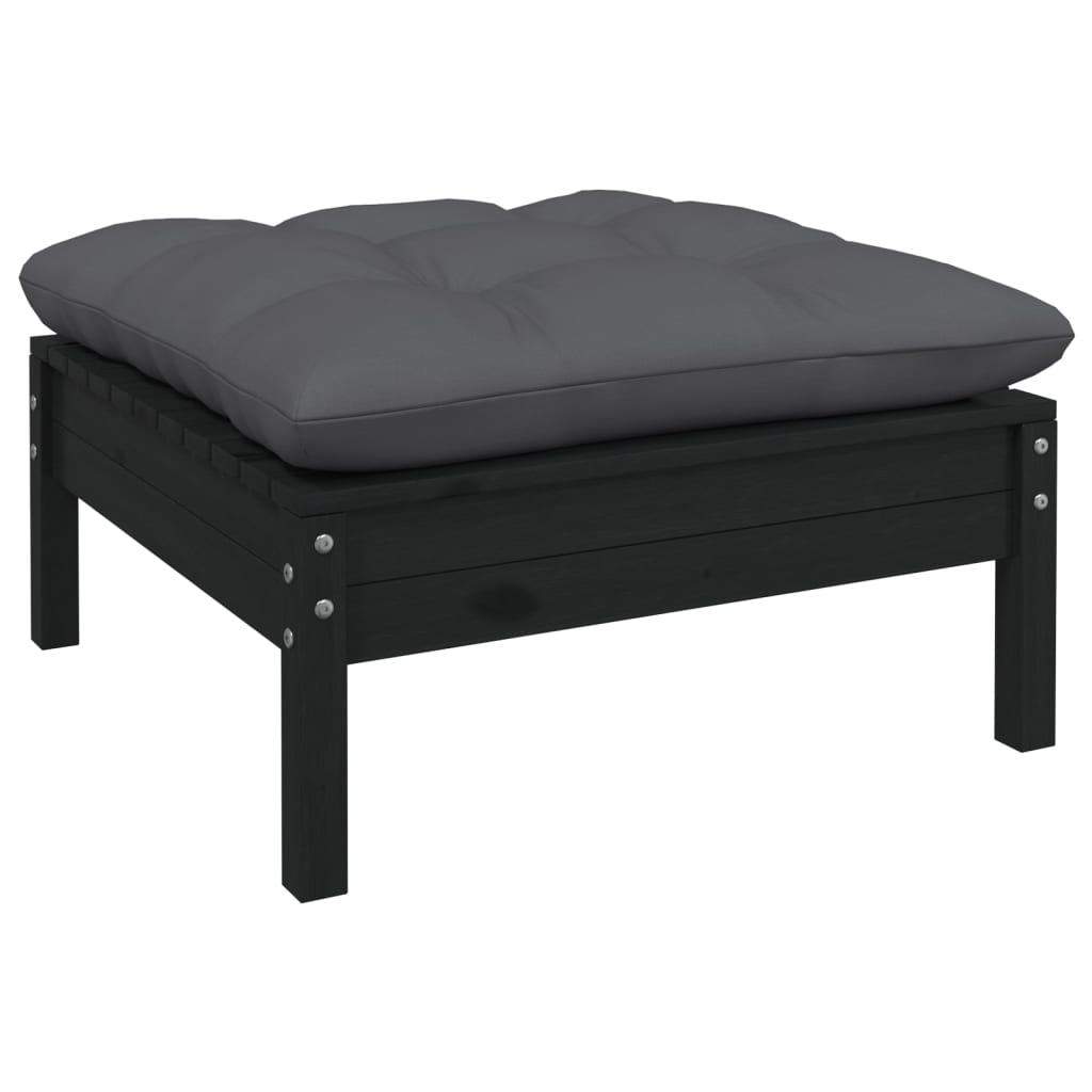 Patio Footstool with Anthracite Cushion Black Solid Pinewood