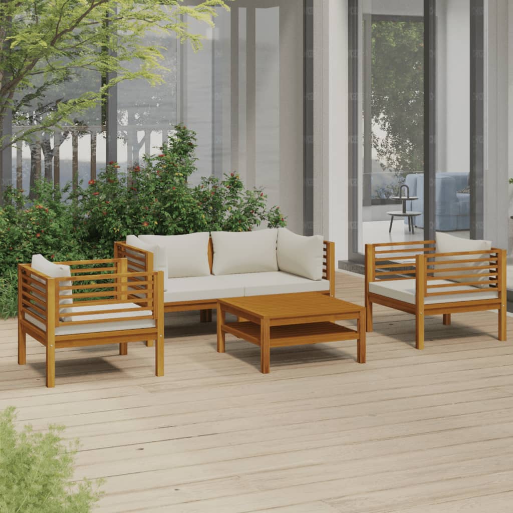 5 Piece Patio Lounge Set with Cream Cushion Solid Acacia Wood