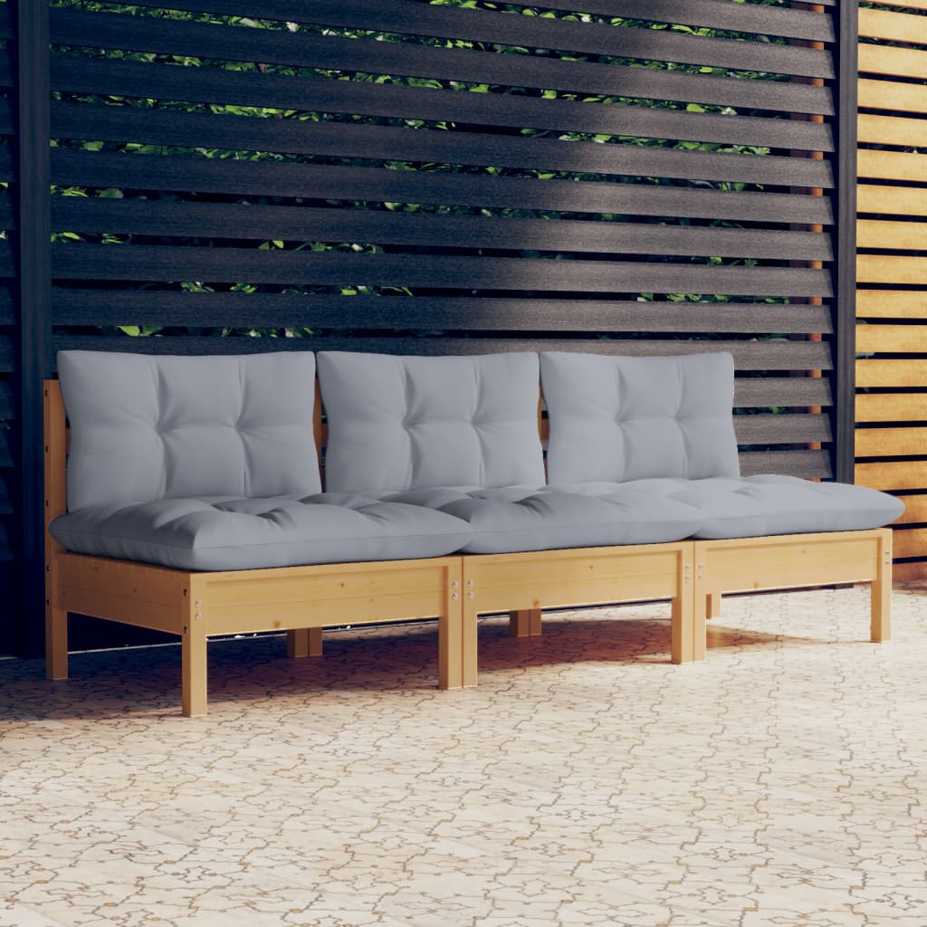 3-Seater Patio Sofa with Gray Cushions Solid Pinewood