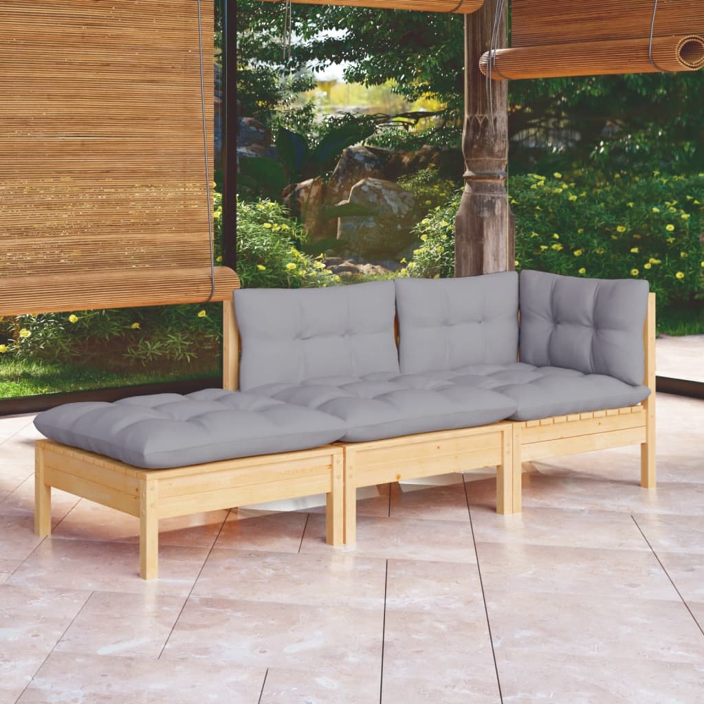 3 Piece Patio Lounge Set with Gray Cushions Solid Pinewood