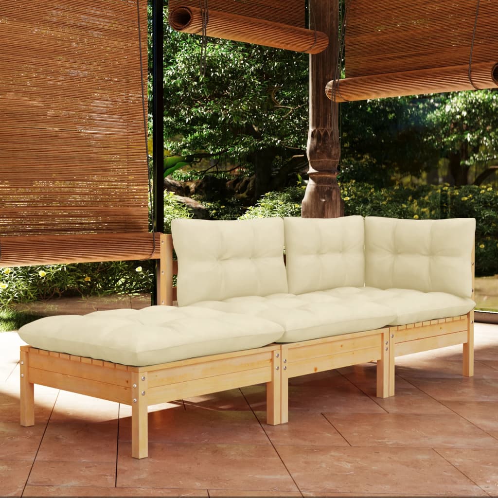 3 Piece Patio Lounge Set with Cream Cushions Solid Pinewood