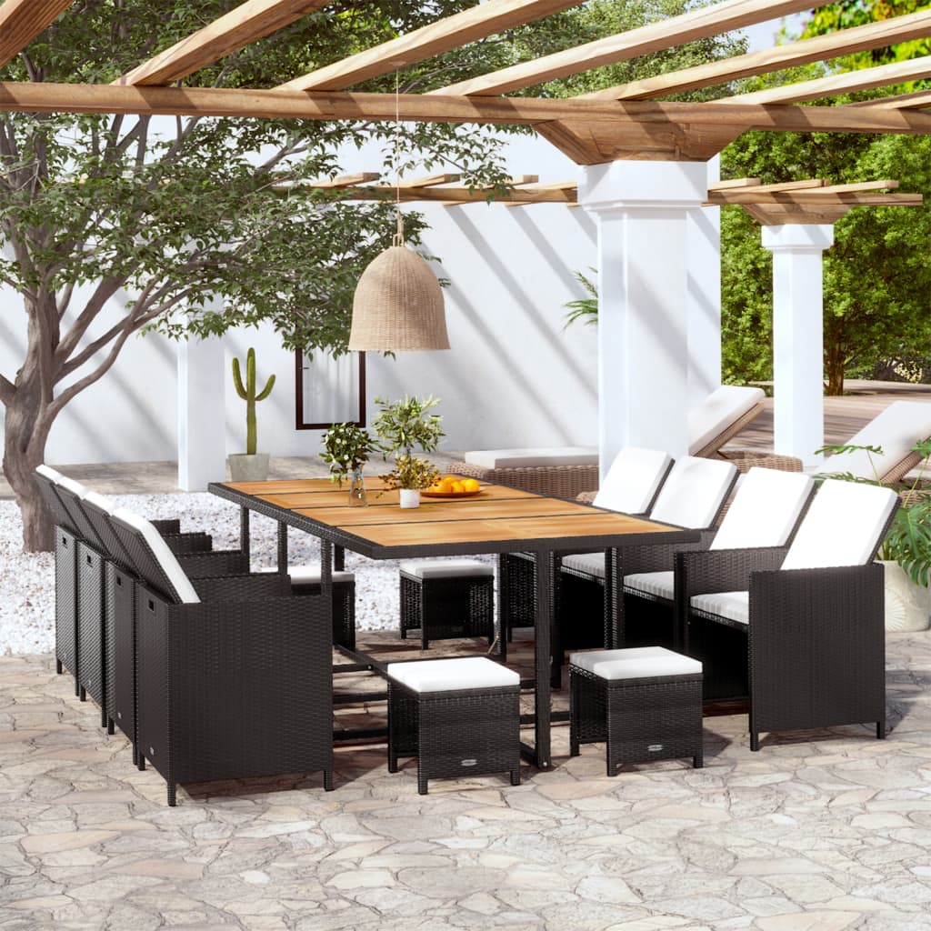 13 Piece Patio Dining Set Poly Rattan and Acacia Wood Black